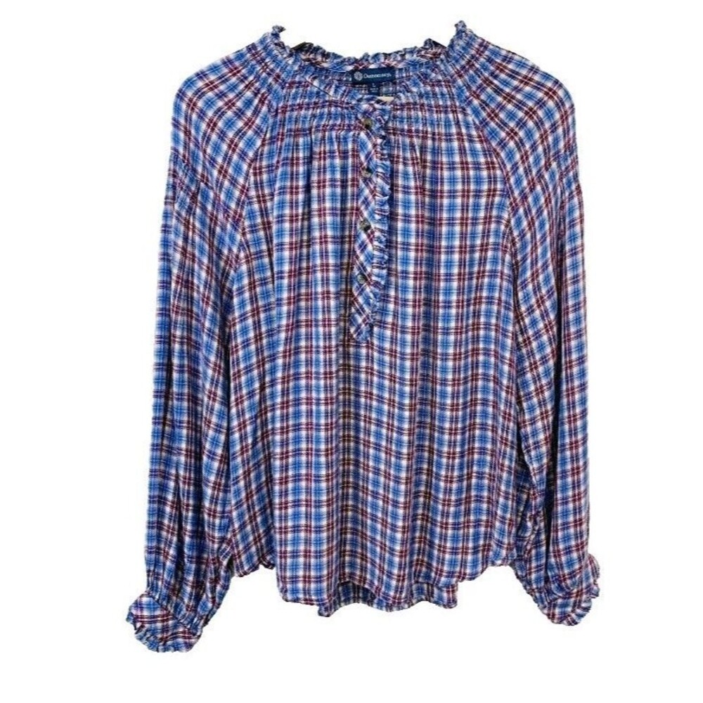 Nwt Democracy Women's Size XS Plaid Smock Long Sleeves Ruffle Elastic Neck Flowy
